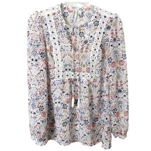 LC Lauren Conrad Women's White Sheer Floral Long Sleeve Tie Neck Blouse Size XS